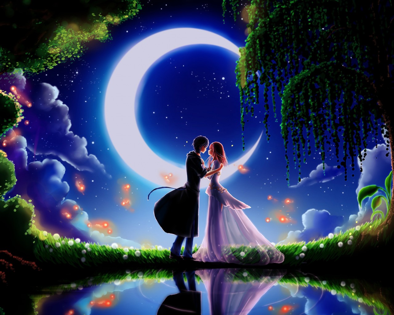 Anime Couple Love Night Moon Wallpaper - 1280x1024