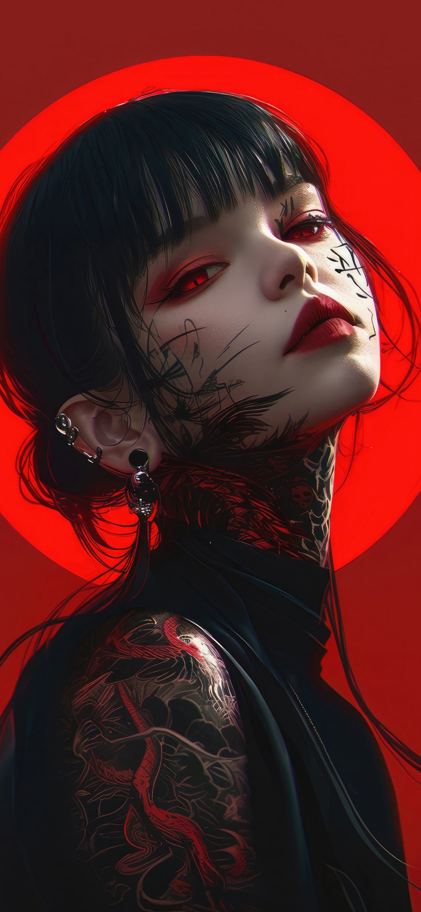 Anime Girl Tattoo Red Eyes Art Wallpaper - 1440x3120