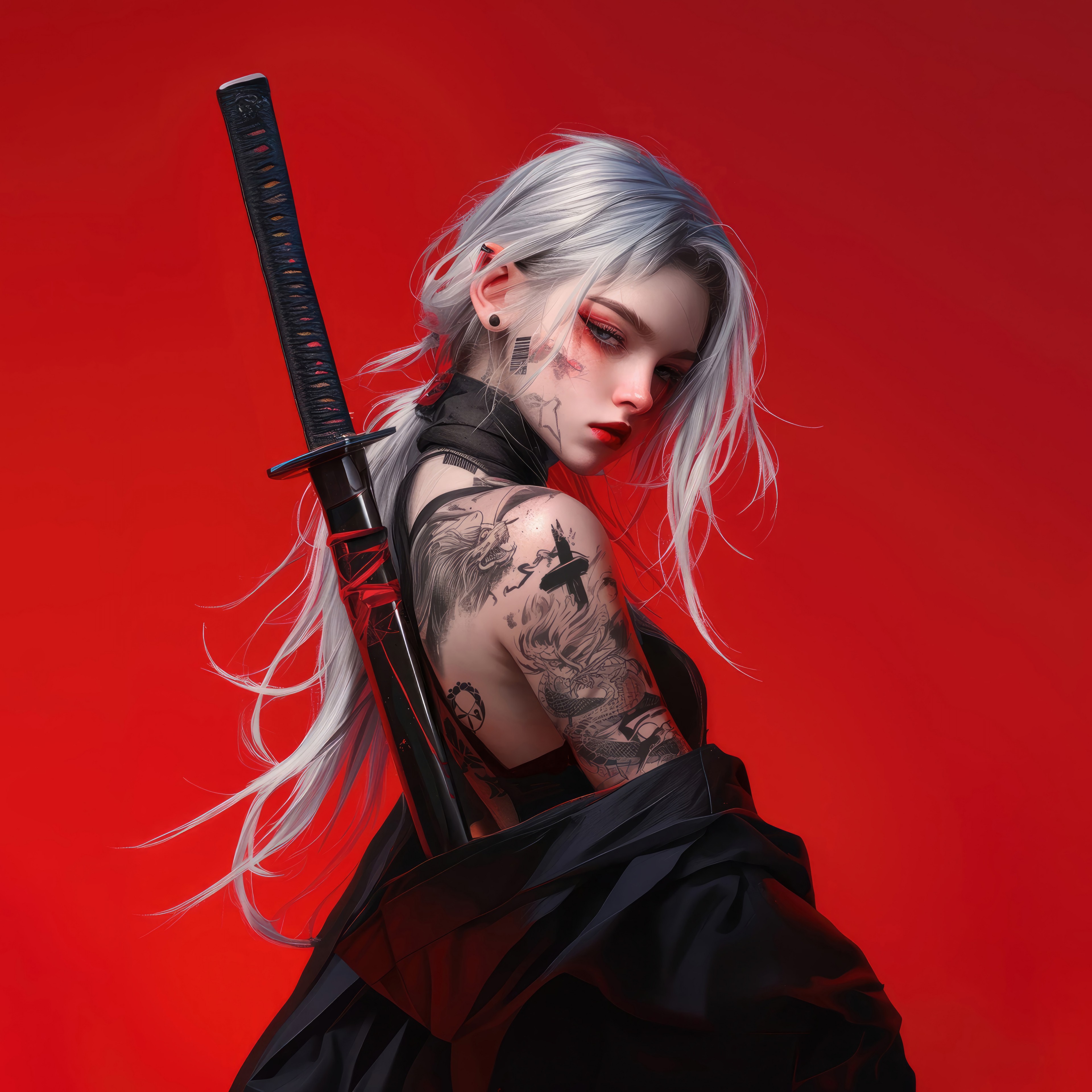 Concept Art Anime Girl Tattoo Katana Wallpaper - 3840x3840