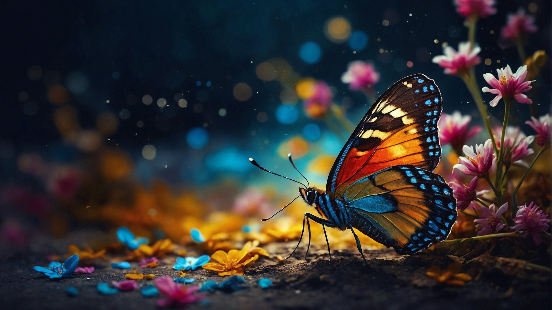 Butterfly Colorful Flower Field Wallpaper - 1920x1080