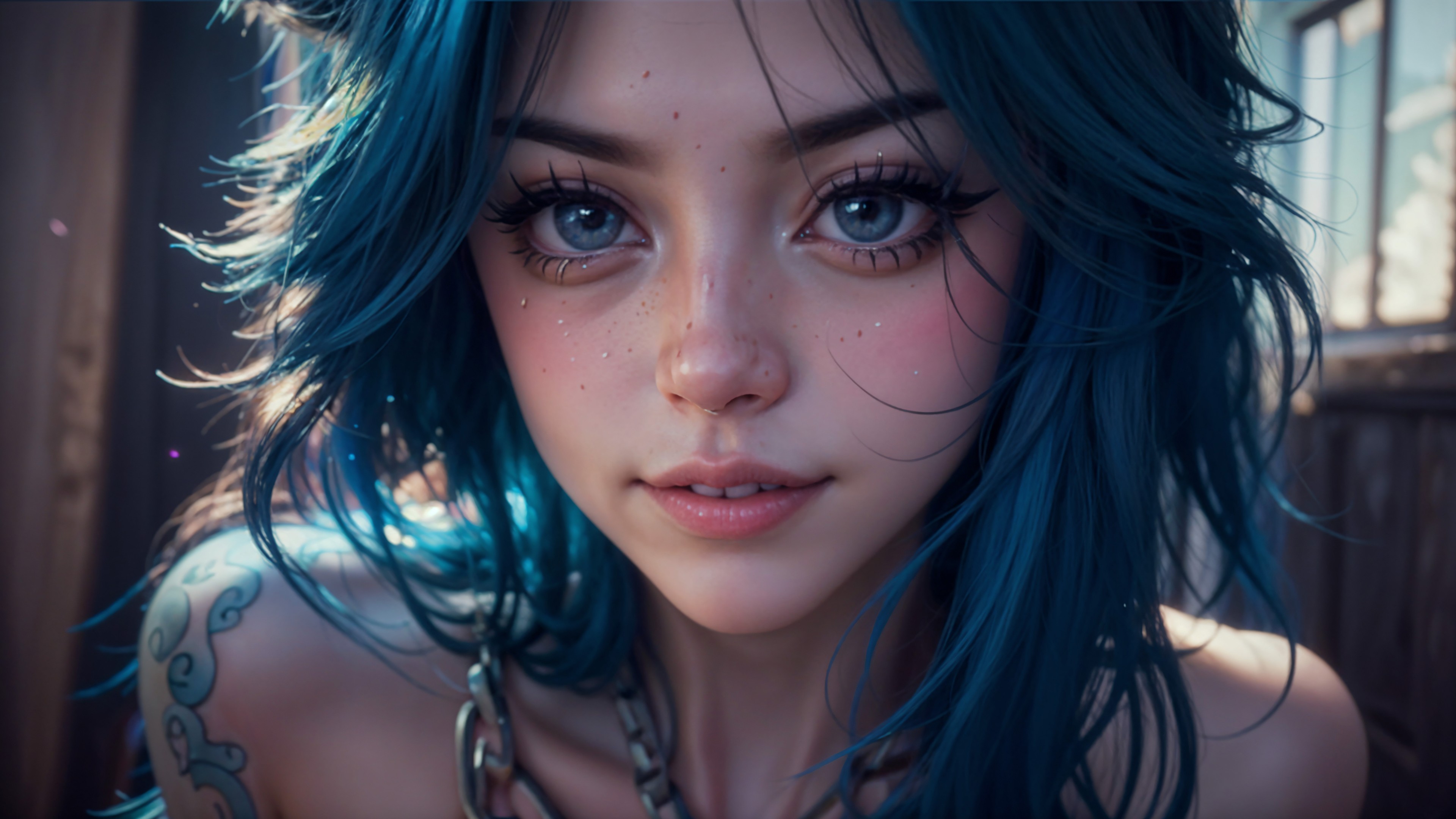 Cute Girl Blue Hair Tattoo Ai Art Wallpaper - 3840x2160