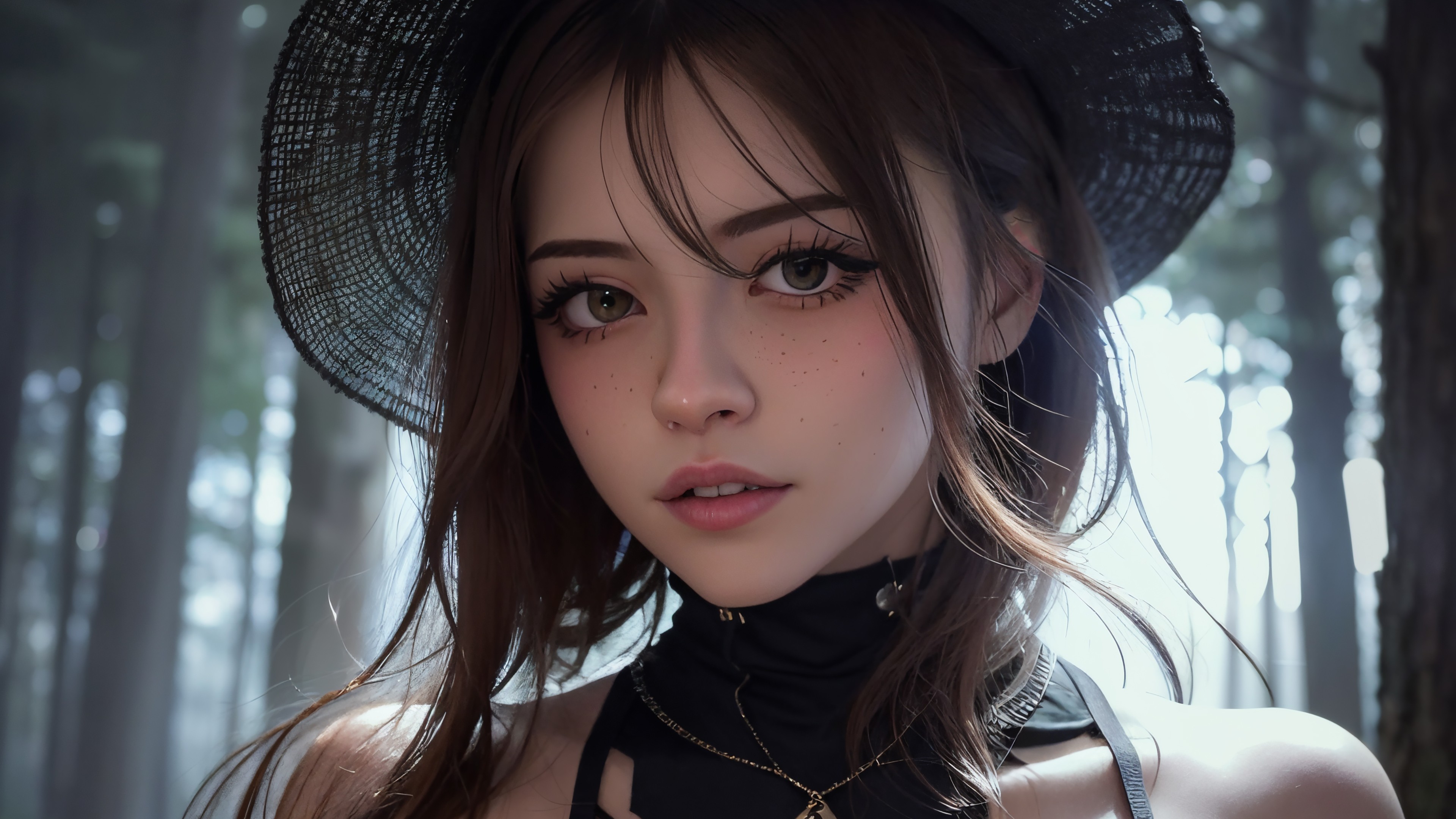 Girl Black Hat Forest Ai Art Wallpaper - 3840x2160